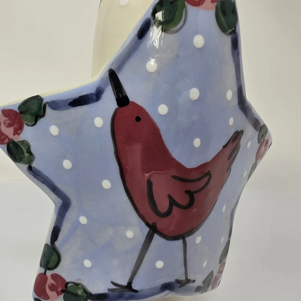 Candle Holder Ceramic Signed Red Bird Star Decoration Decor